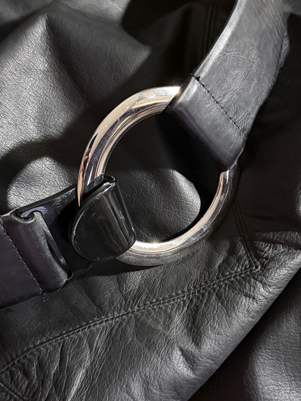 Chicos Black Leather Shoulder Bag with Silver Ring Detail